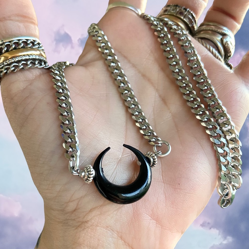 Moon choker necklace . Black buffalo horn carved moon charm . goth boho - Picture 2 of 12